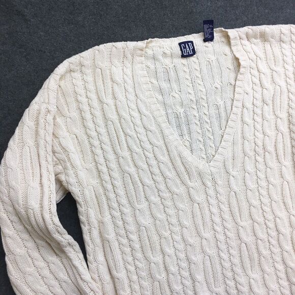 Vintage GAP Sweater Men's L Ivory Cable Knit V Neck Heavy Boxy Hong Kong Aran - Picture 3 of 16